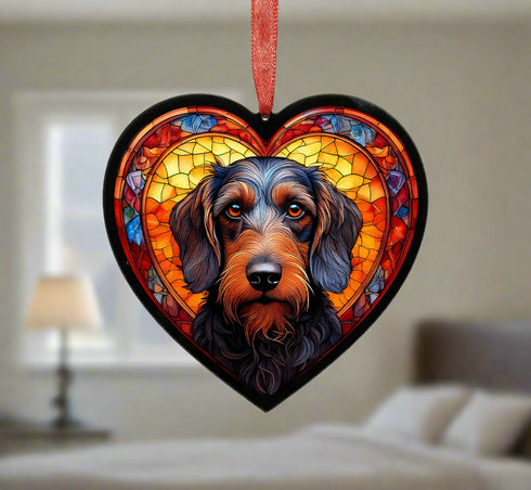 Dachshund Wirehaired Stained Glass Effect Heart Suncatcher